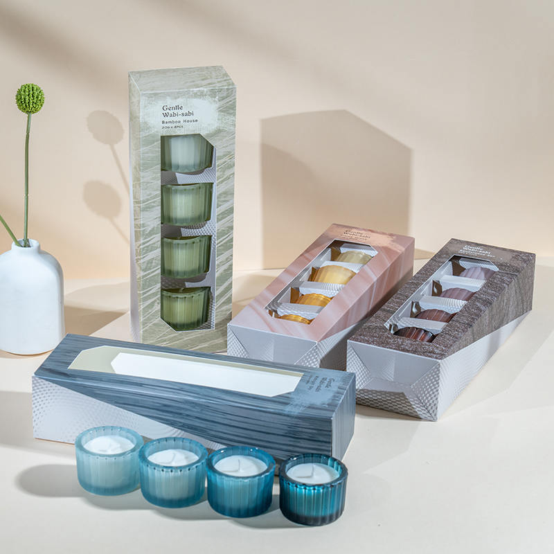 세로 줄무늬 소형 난쟁이 유리 캔들 컵 4개 세트