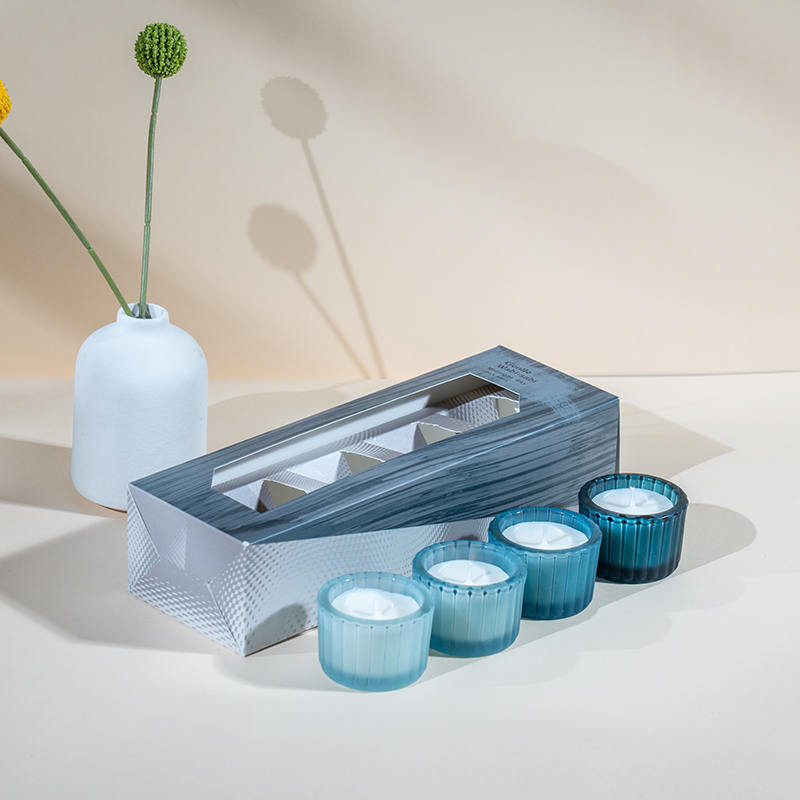 세로 줄무늬 소형 난쟁이 유리 캔들 컵 4개 세트